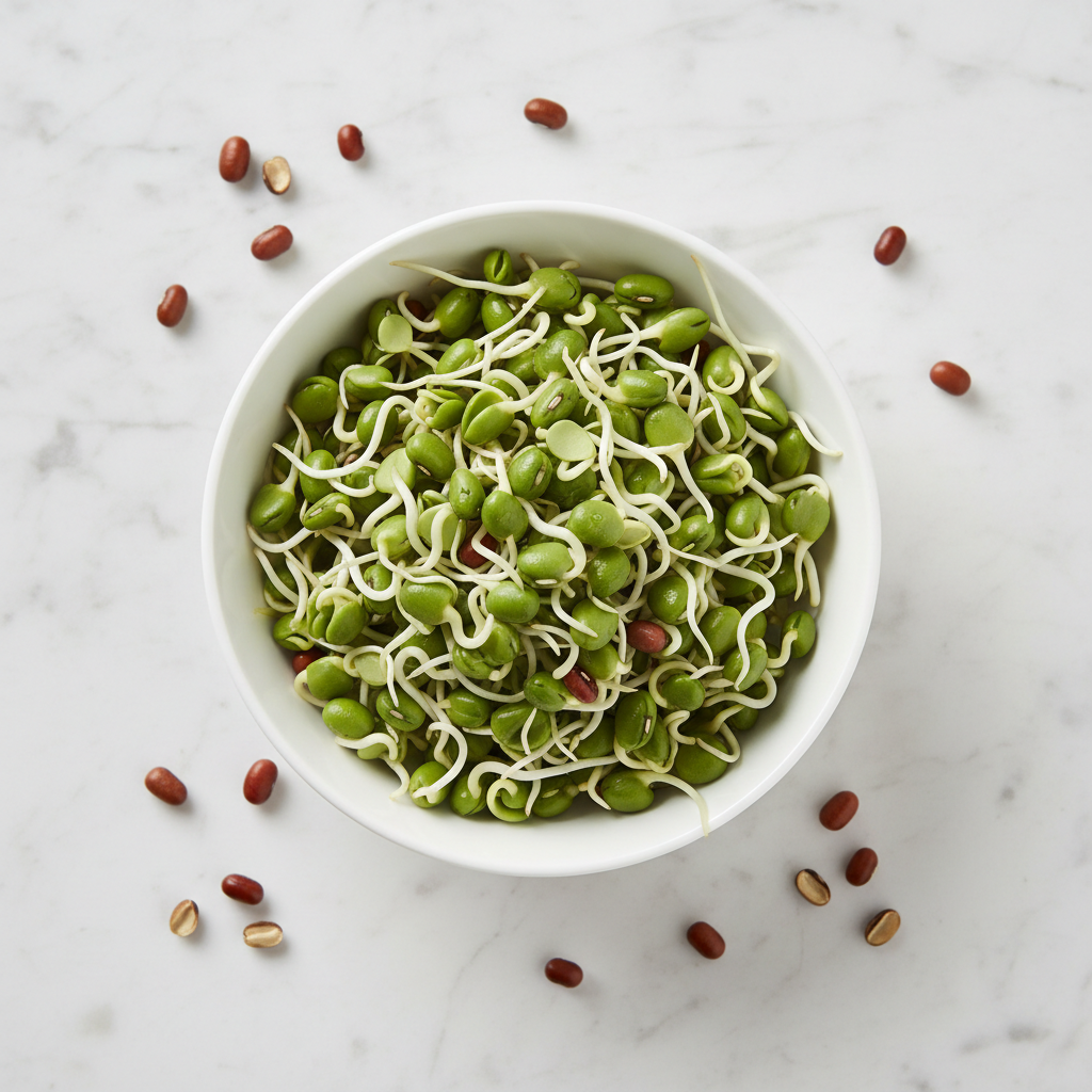 Fresh moth bean sprouts in a white ceramic bowl, flat lay view
