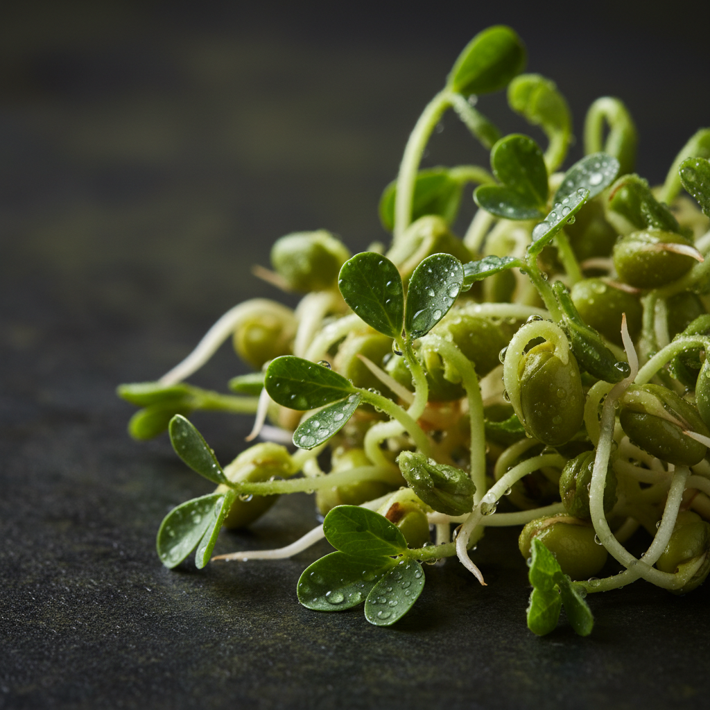 Close-up macro shot of fresh green moth bean sprouts with water droplets