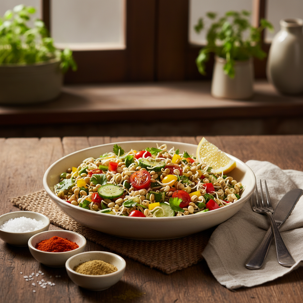 Moth bean sprouts served in a healthy salad bowl with vegetables and lemon
